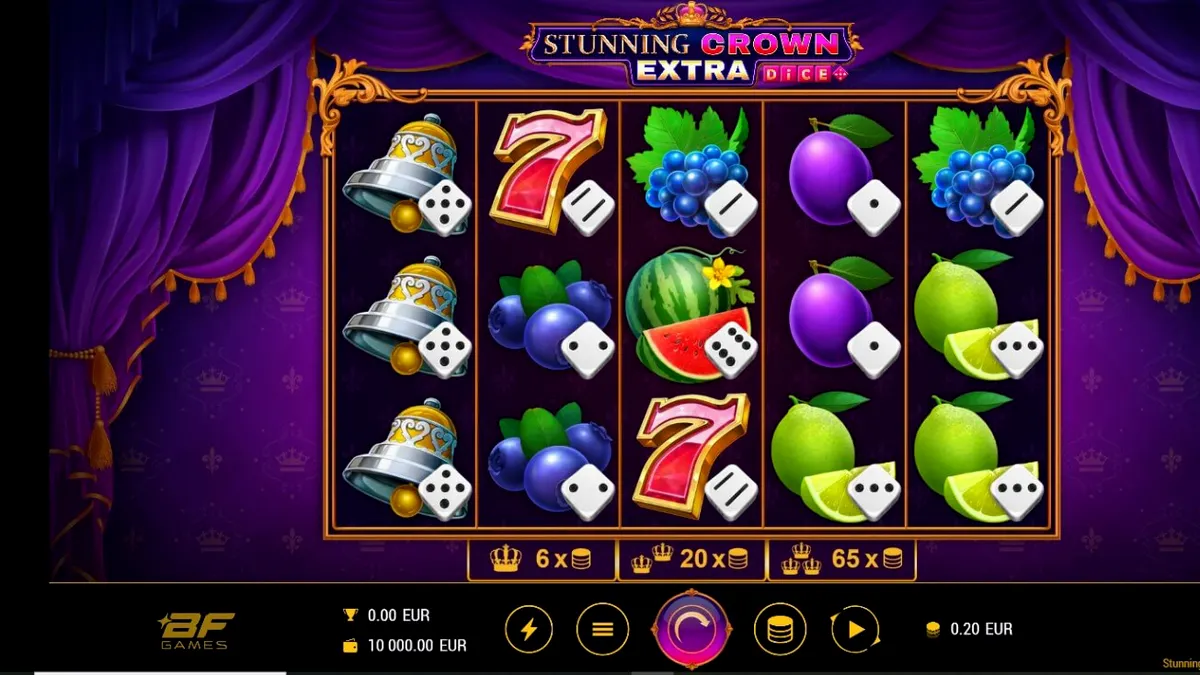 Stunning Crown Extra Dice স্লট গেমের রাজকীয় ইন্টারফেস এবং রত্নপাথর সমৃদ্ধ রিল